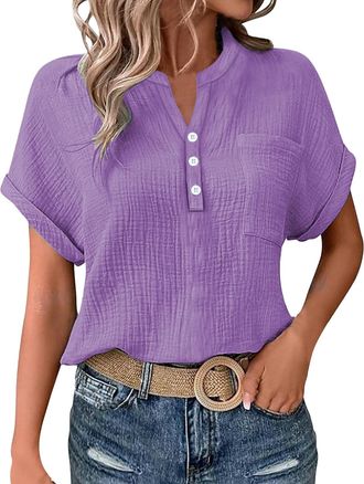 Generic Cocila Ladies Tops 2025 Womens Summer Cotton Linen Cap Sleeve T-Shirt Button V Neck Henry Collar Tunic Tops Fashion Baggy Solid Plain Casual Shirts Tr