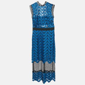 Self Portrait Blue/black Guipure Lace Paneled Midi Dress