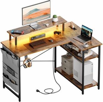 OEM Hlonone Escritorio En Esquina Con Almacenamiento, 110 X 80 Cm Escritorio Gaming Led, Con Soporte Para Monitor, Estanter&iacute;as, Trabajo, Marr&oacute;n Vintage