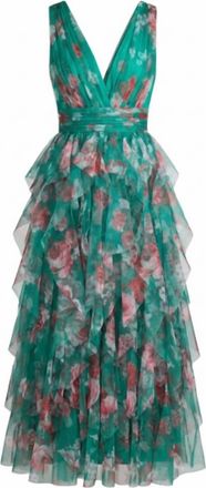 Minuet Womens V-Neck Mesh Layered Dress In Green Multi