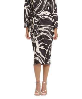 Donna Morgan Tied Waist Marble Print Midi Dress In Black Cream