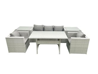 Fimous Garden Dining Set Outdoor Rattan Furniture Set with Sofa Dining Table 2 Chairs 2 Side Tables Light Grey Mixed