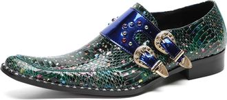 Generic Mens Double Buckle Monk Strap Loafers Pointed Toe Sparkling Leather Fashion Casual Metal Toe Western Dress Shoes (Green,12.5)