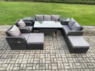 Fimous 9 Seater Garden Rattan Furniture Dining Table Sofa Set Indoor Outdoor with 2 Reclining Chairs 2 Side Tables 2 Big Footstool Dark Grey Mixed