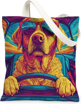 Generic Labrador Retriever Dog Canvas Tote Bag for Shopping 13x15, Pop Aesthetic Funky Puppy Reusable Grocery Print Pattern Bag for Women, Cool Pet Beach Aest