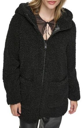Andrew Marc Seneca Faux Shearling Hooded Jacket in Black at Nordstrom Rack, Size X-Large