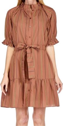 Jade Yoga Button Front Flounce Mini Dress In Brown Stripe