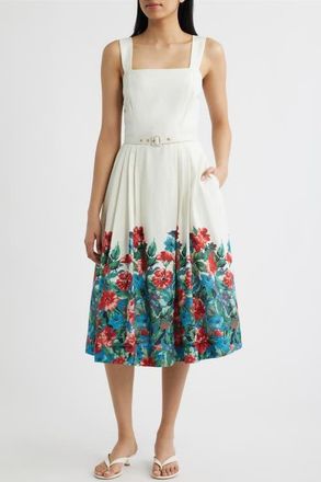 Tahari by ASL Belted Border Print Sleeveless Midi Dress in Ivory Multi at Nordstrom, Size 14
