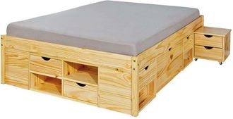 Dmora Dmora Lit Double Avec Rangements Et Table De Chevet Inclus Avec Roulettes, Coloris Ch&ecirc;ne, 166,5 X 47,5 X 209 Cm