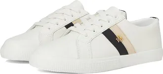 Lauren Ralph Lauren Janson II Color-Blocked Leather Sneakers Womens Shoes Snow White/Black/Sand Dune : 9.5 B - Medium