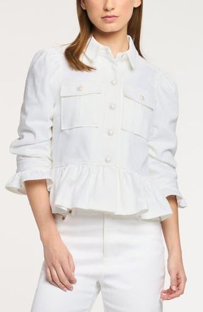 Cinq &agrave; Sept Delanie Peplum Denim Jacket in White at Nordstrom, Size Xx-Small