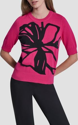 DKNY Graffiti Floral Jacquard Short Sleeve Sweater in Hot Pink/Black at Nordstrom, Size X-Small