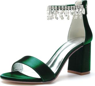 Generic Wedding Shoes Bridal Block Heel Wedding Sandals Satin Prom Party Dress Pumps Open Toe Bridal Shoes Wedding Heels 8Cm,Dark Green,10 UK