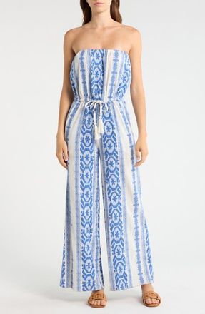 Elan Embroidered Strapless Cover-Up Jumpsuit in Natural Blue at Nordstrom, Size X-Small