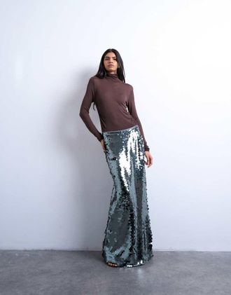 Topshop Gonna midi a colonna verde con paillettes-Argento