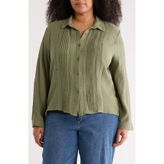 Forgotten Grace Pintuck Cotton Button-Up Shirt in Olive at Nordstrom Rack, Size 3 X