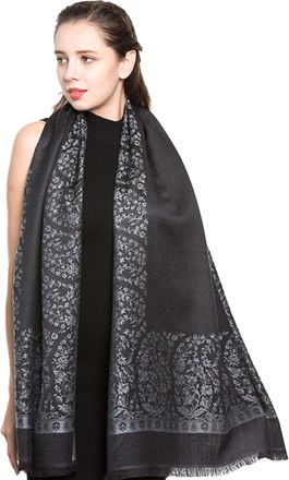 World of Shawls Reversible/Two Sided Print Self Embossed Pashmina Feel Wrap Scarf Stole Scarves Shawl (Black/Light Silver)