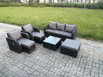 Fimous Garden Furniture Sets Wicker Rattan Furniture Patio Sofa Sets with Reclining Chair Dark Grey Mixed