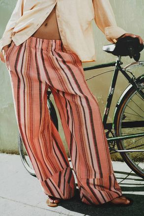 Free People Days End Linen Striped Pull-On Pant In Soft Coral