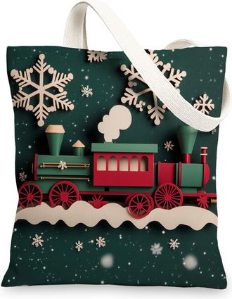 Generic Winter Christmas Steam Train Canvas Tote Bag for Shopping 13x15, 3D Fantasy Xmas Reusable Grocery Print Pattern Bag for Women, Holiday Beach Aesthetic