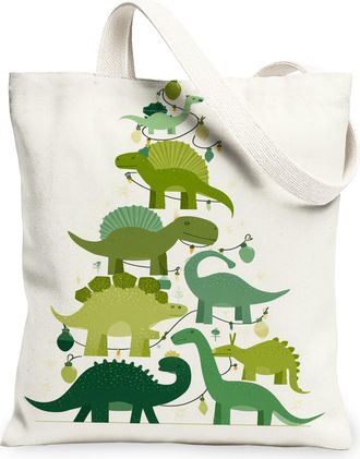 Generic Dinosaur Christmas Canvas Tote Bags, Dino Print Reusable Grocery Bags, Winter Fun Lightweight Washable Shoulder Strap, White, 13x15 Inch