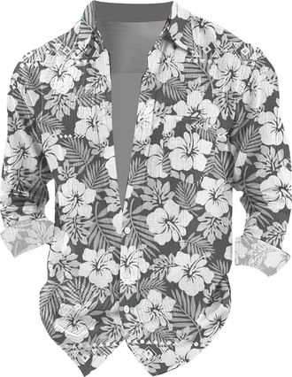 Generic Hawaiian Shirts Long Sleeve Men, Tropical Shirts Funky Floral Hawaiian Shirts Button Down Beach Party Shirts Loose Casual Dress Shirts Seaside Scenery