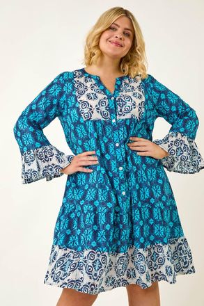 Roman Contrast Print V-Neck Midi Dress