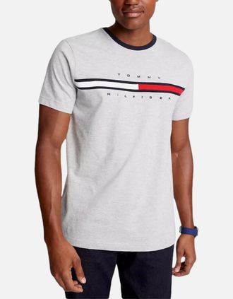 Tommy Hilfiger Mens Tommy Hilfiger Mens T Shirts Crew Neck Signature Stripe Summer Cotton Tino Tee - Grey - Size: 42