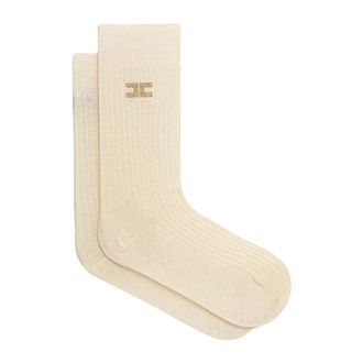 Elisabetta Franchi Ondergoed, Dames, Beige, M, Katoen, Ribbed Cotton Socks with Logo