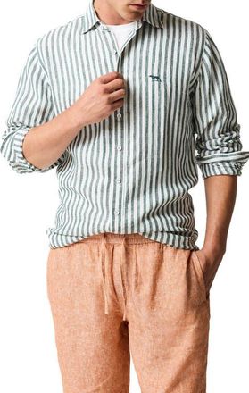 Rodd & Gunn Seadown Original Fit Stripe Linen Button-Up Shirt in Forest at Nordstrom, Size Xxx-Large