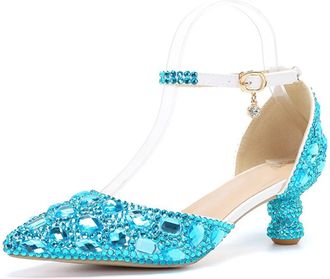 Minitoo Womens Closed Toe Low Heel Wedding Formal Party Pumps Shoes with Decoration G002 Turquoise Rhinestone UK 6