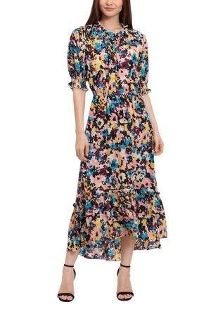 Donna Morgan Short-Sleeve Abstract Midi Dress In Aut Turq Peach Cob