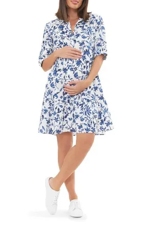 Ripe Bella Linen Maternity Shirt Dress in White/lapis at Nordstrom, Size X-Large