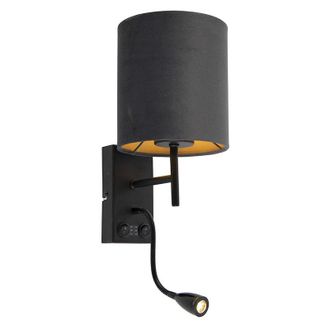 QAZQA Moderno Lámpara de pared inteligente negra con pantalla de terciopelo gris oscuro con Wi-Fi A60 - Stacca Acero /Textil Cilíndra Adecuado para led