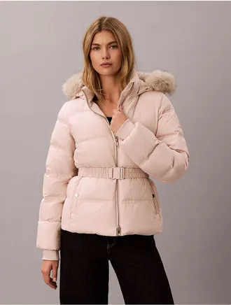 Calvin Klein Womens Matte Belted Short Puffer Jacket - Pink - XL