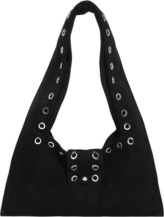 Generic Retro Faux Suede Rivet Handbag Large Slouchy Shoulder Bags for Women (Black)