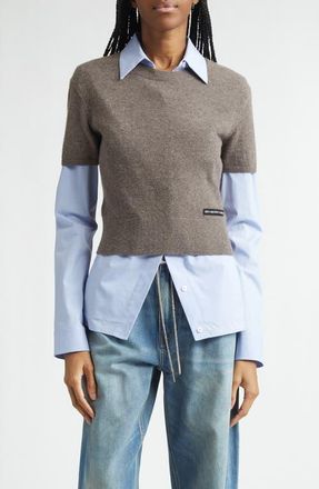 Alexander Wang Stretch Cotton Shirt & Short Sleeve Wool Blend Sweater in Brown/Blue at Nordstrom, Size X-Small