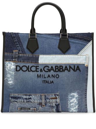 Dolce & Gabbana logo-embroidered denim-patchwork tote bag - men - Nylon/Cotton/Spandex/Elastane/Calf Leather - One Size - Blue