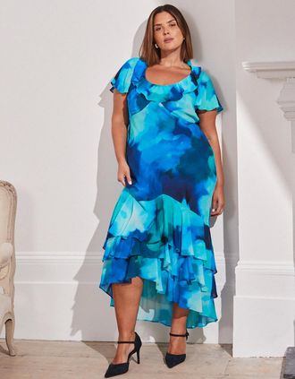 Live Unlimited London Womens Blue Floral Scoop Neck Ruffle Dress - Size: 16