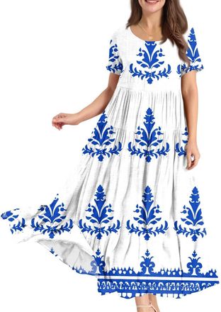 Generic Women Dresses Size 14 UK, Womens Summer Long Dresses Casual Short Sleeve Crew Neck Maxi Sundress Ladies Loose Tshirt Dress Boho Floral Beach Sundresse