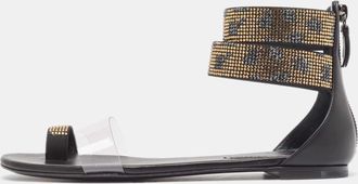 Casadei Black/gold Leather And Pvc Vinil Ankle Strap Sandals