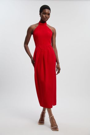 Karen Millen Womens Petite Soft Tailored Halter Neck Midi Dress - Red - Size 12 UK