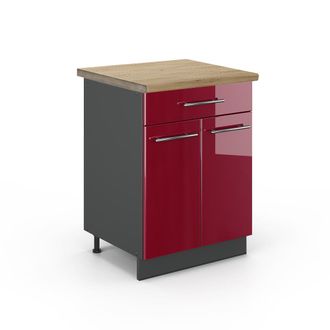 Vicco Mueble Bajo De Cocina Fame-line, Rojo Burdeos Alto Brillo, 60 Cm Con Caj&oacute;n, Et Roble Vicco