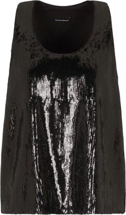 Emporio Armani Tops, Dames, Zwart, XL, Pailletten, Mouwtje Top met All-over Pailletten