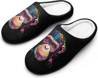 Generic Colorful Chimpanzee Face Monkey Cotton Womens Slip-on Slippers Winter Warm House Shoes with Rubber Sole for Home Office Hotel