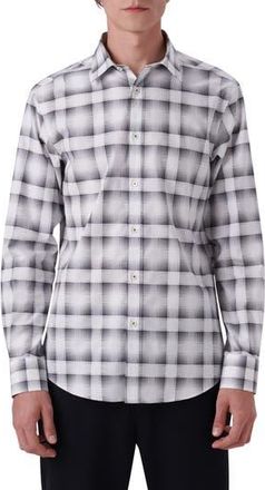 Bugatchi Shaped Fit Plaid Stretch Cotton Button-Up Shirt in White at Nordstrom Rack, Size Small