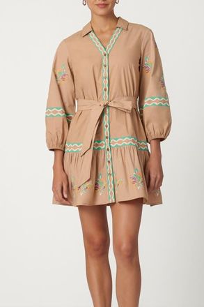 Shoshanna Camden Embroidery Ellery Dress in Khaki at Nordstrom, Size 10