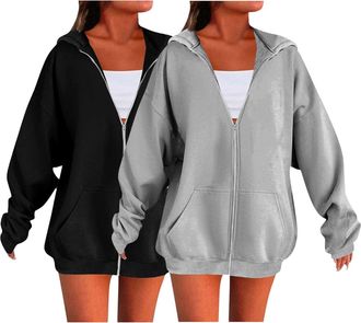 Generic 2 Piece Hoodies For Women Uk Oversized Solid Color Sweatshirts For Women Uk Ladies Zip Up Plain Hoodies Cardigans Tops Long Sleeves Casual Fashion Loo