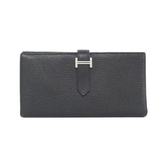 Herm&egrave;s Black Chevre Leather Long Wallet (Bi-Fold) (Pre-Owned)