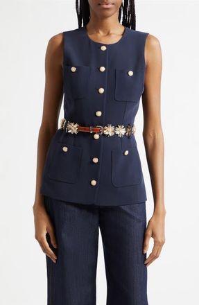 Cinq &agrave; Sept Sunflare Belted Kole Vest in Navy/champagne at Nordstrom, Size Xx-Small